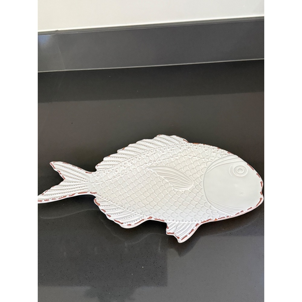 Vtg Mud Pie White Ceramic Fish Platter Embossed Scale Coastal Serving Tray